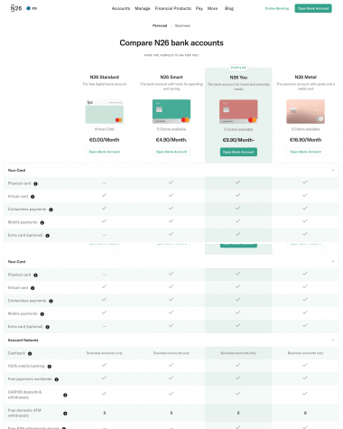 N26 pricing screenshot