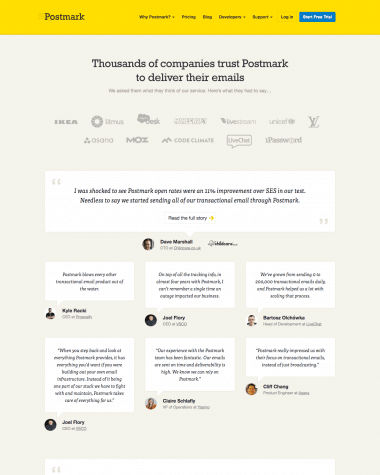 Postmark testimonials screenshot