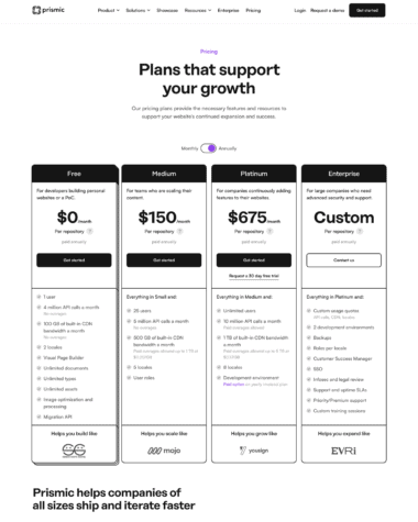 Prismic pricing screenshot
