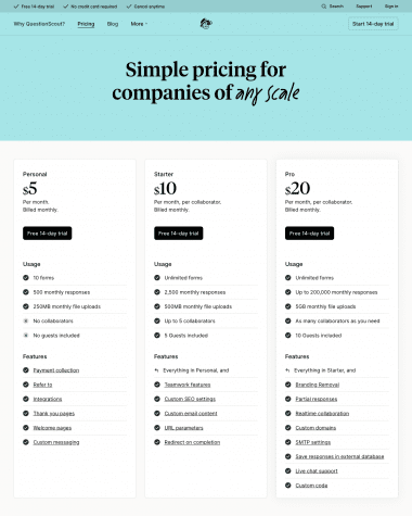 QuestionScout pricing screenshot