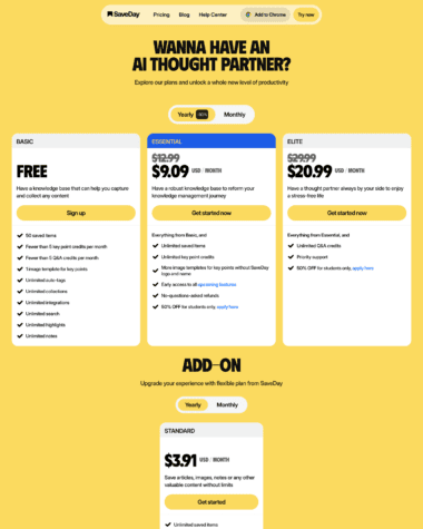 SaveDay pricing screenshot