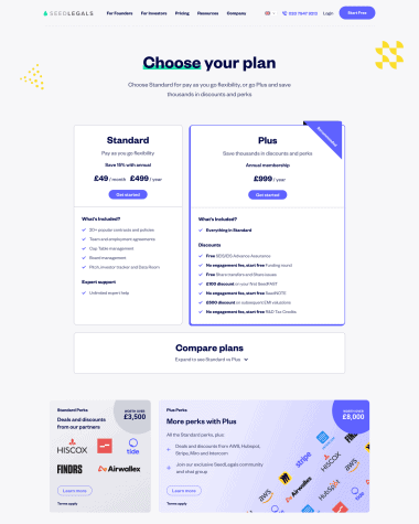 SeedLegals pricing screenshot
