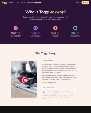 Toggl about us screenshot