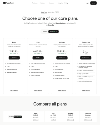 Typeform pricing screenshot