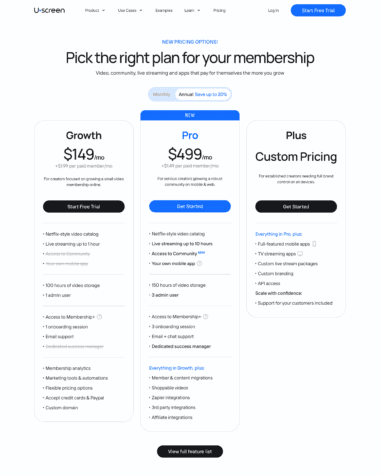 Uscreen pricing screenshot