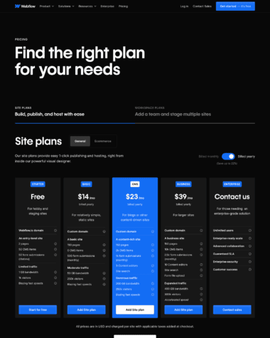 Webflow pricing screenshot