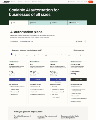 Zapier pricing screenshot