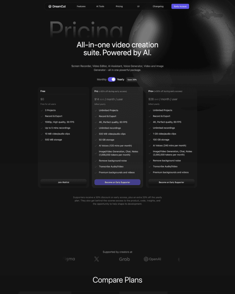 DreamCut pricing screenshot