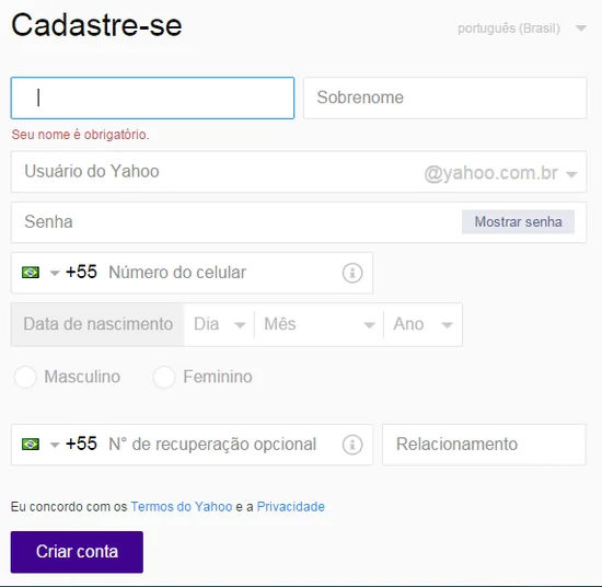 Criar Yahoo E mail Formulário para criação de conta do Yahoo E mail