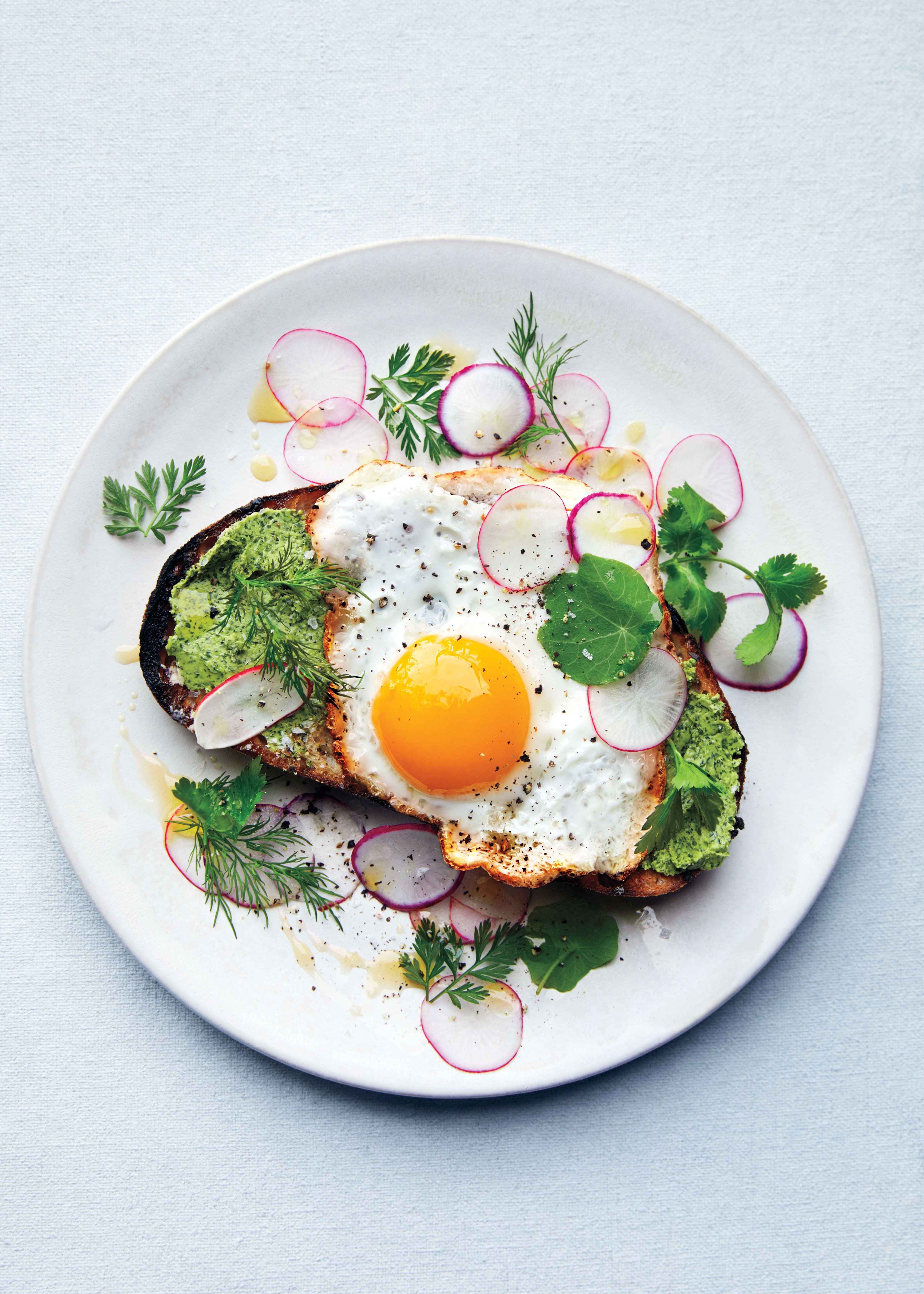 Fried Egg on Toast with Salted Herb Butter and Radishes