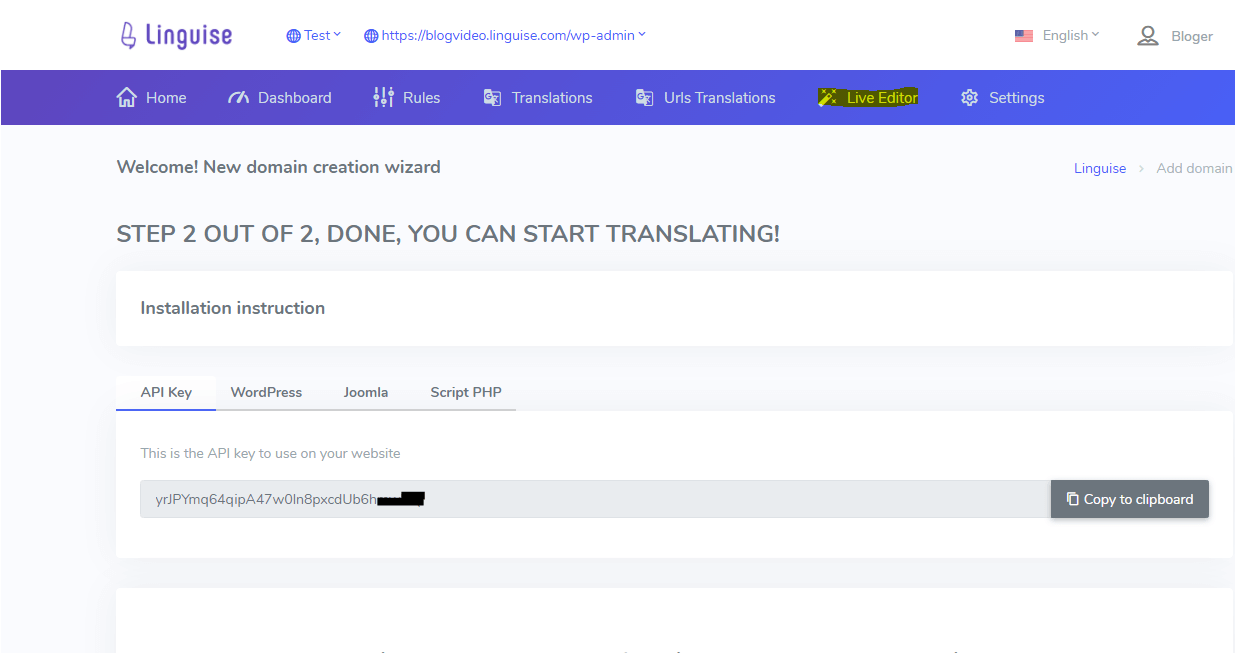 How to automatically translate and edit translation in wordpress Linguise api page -