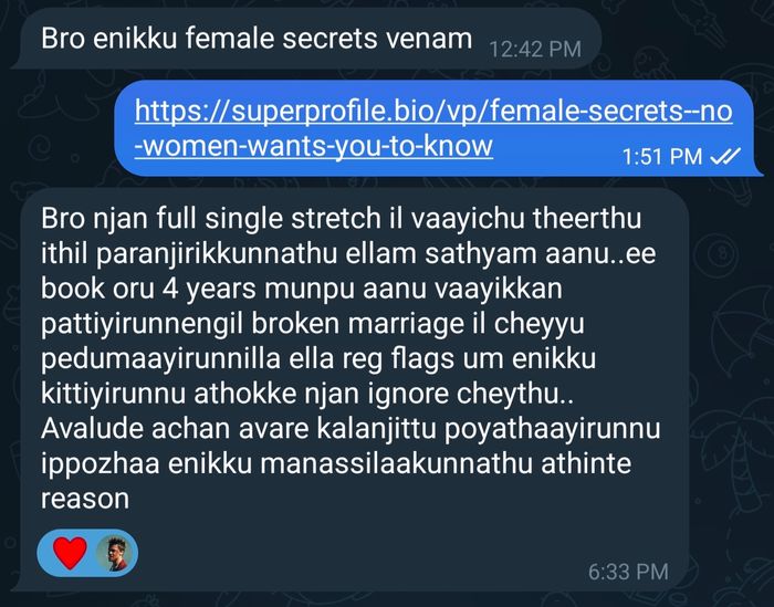 A reader's message saying he read Female Secrets in one sitting