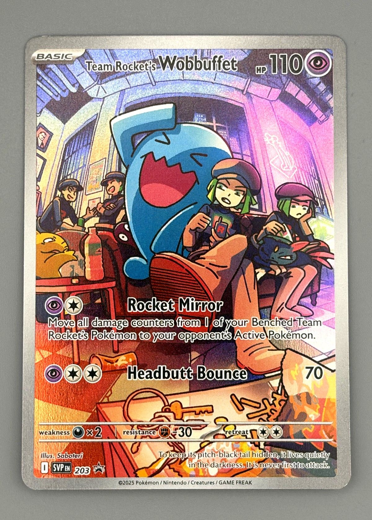 Team Rocket's Wobbuffet 203/203 (Pokémon TCG) - Secret Rare Full Art, front
