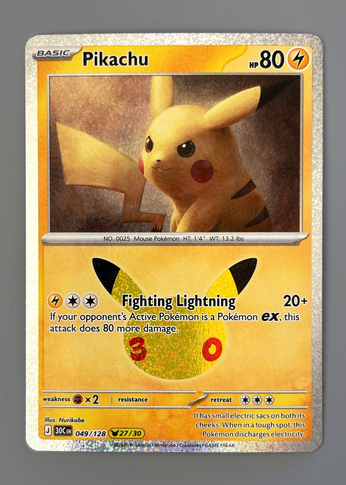 Pikachu 049/128 (30th Celebration) - Pikachu Rare, front
