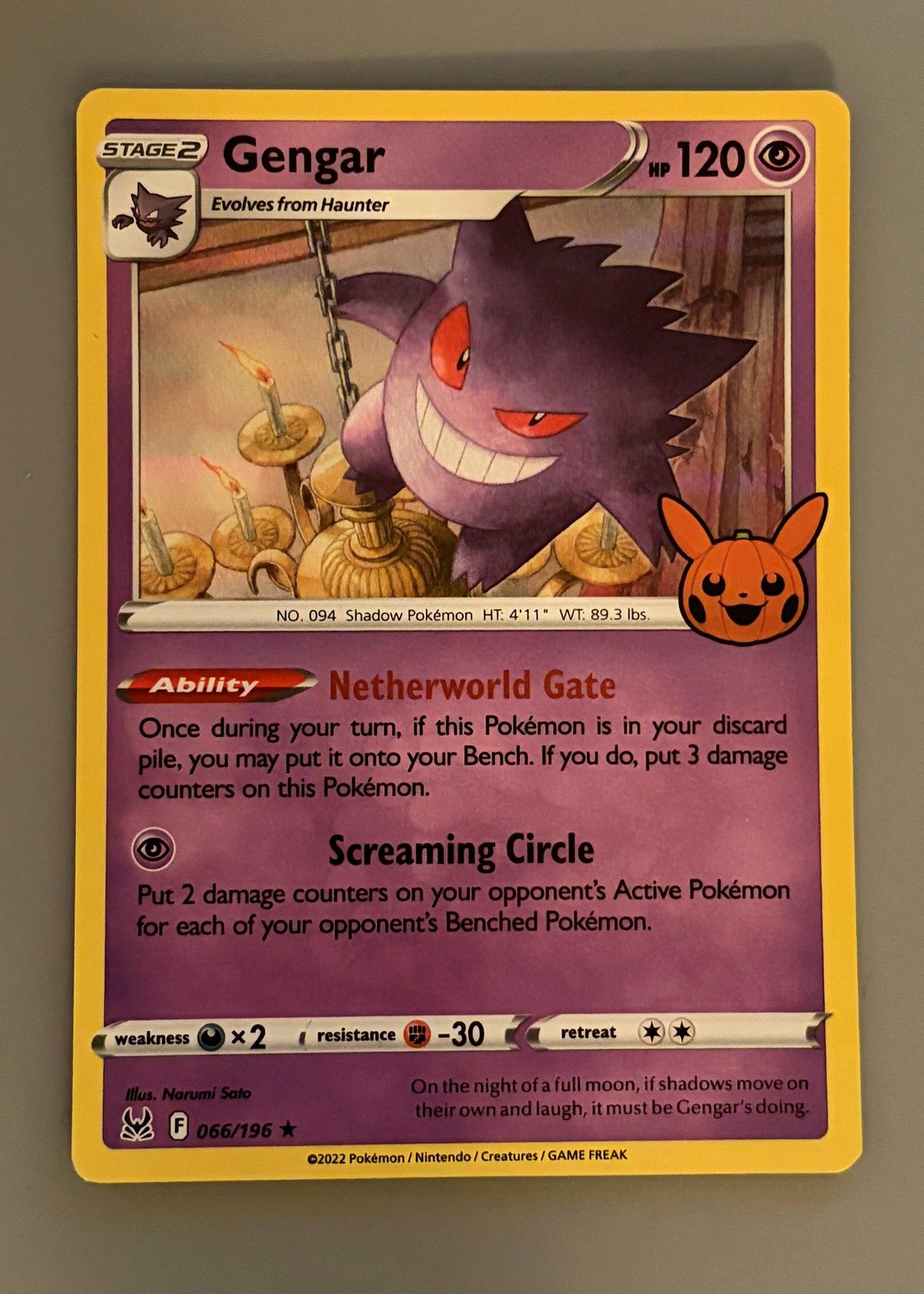 Gengar 066/196 (Lost Origin) - Holo Rare, front