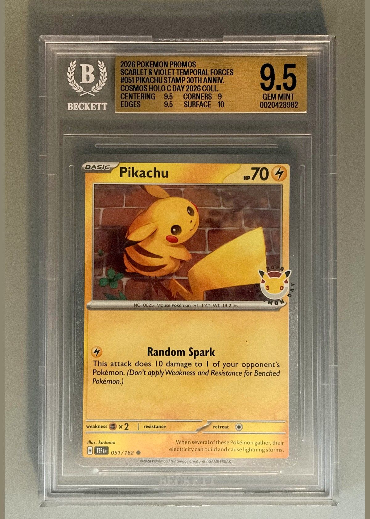 Pikachu #051/162 (2026 Pokémon Promos: Scarlet & Violet Temporal Forces) - Beckett 9.5, front