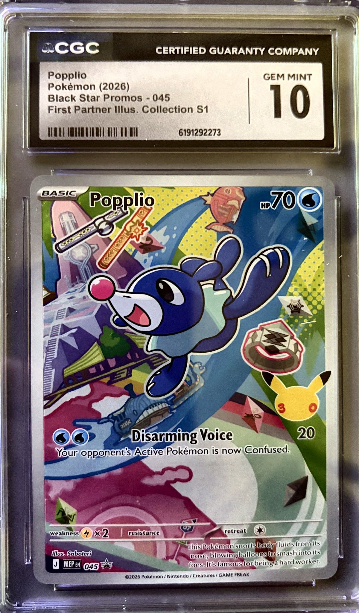 Popplio 045 (2026 Pokémon English Black Star Promos) - CGC Gem Mint 10, front