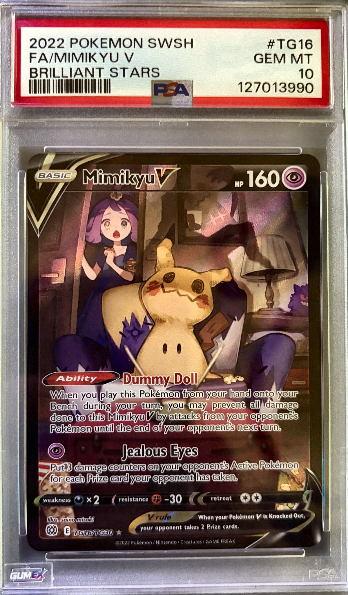 Mimikyu V TG16 (2022 Pokémon English Brilliant Stars) - PSA Gem Mint 10, front