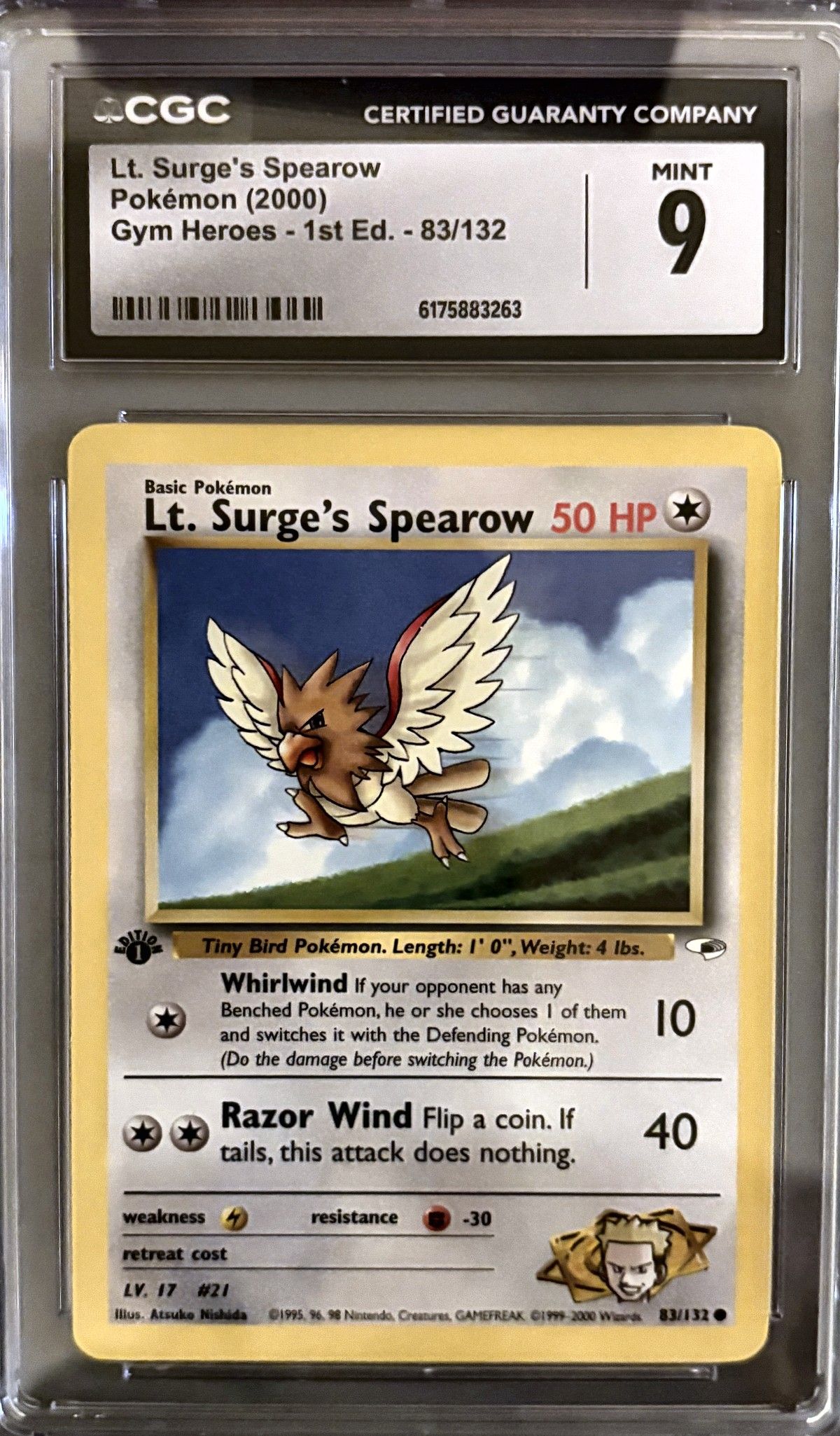 Lt. Surge's Spearow 83/132 (2000 Pokémon English Gym Heroes) - CGC Mint 9, front