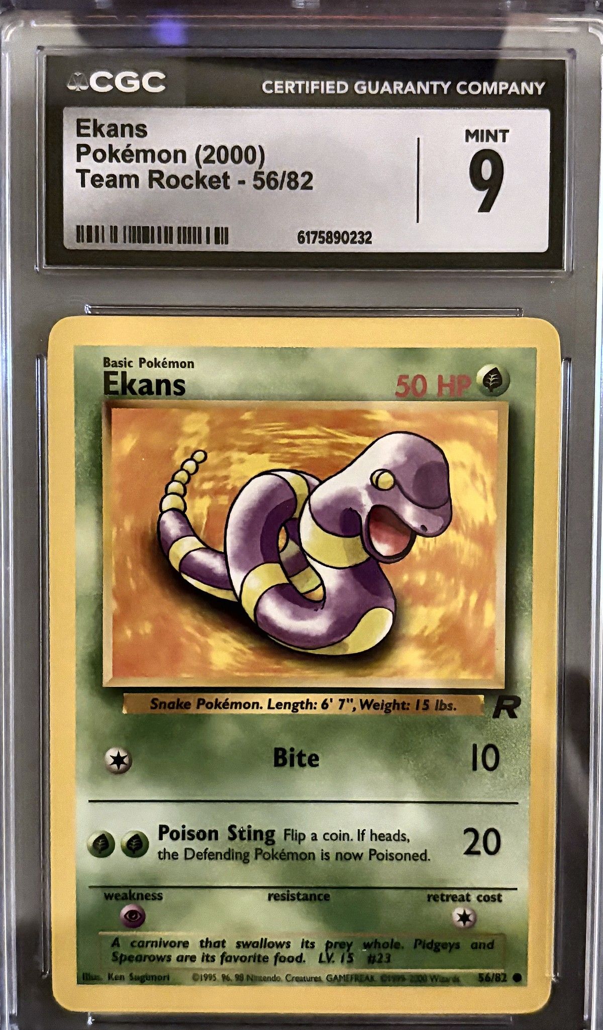 Ekans 56/82 (2000 Pokémon English Team Rocket) - CGC Mint 9, front