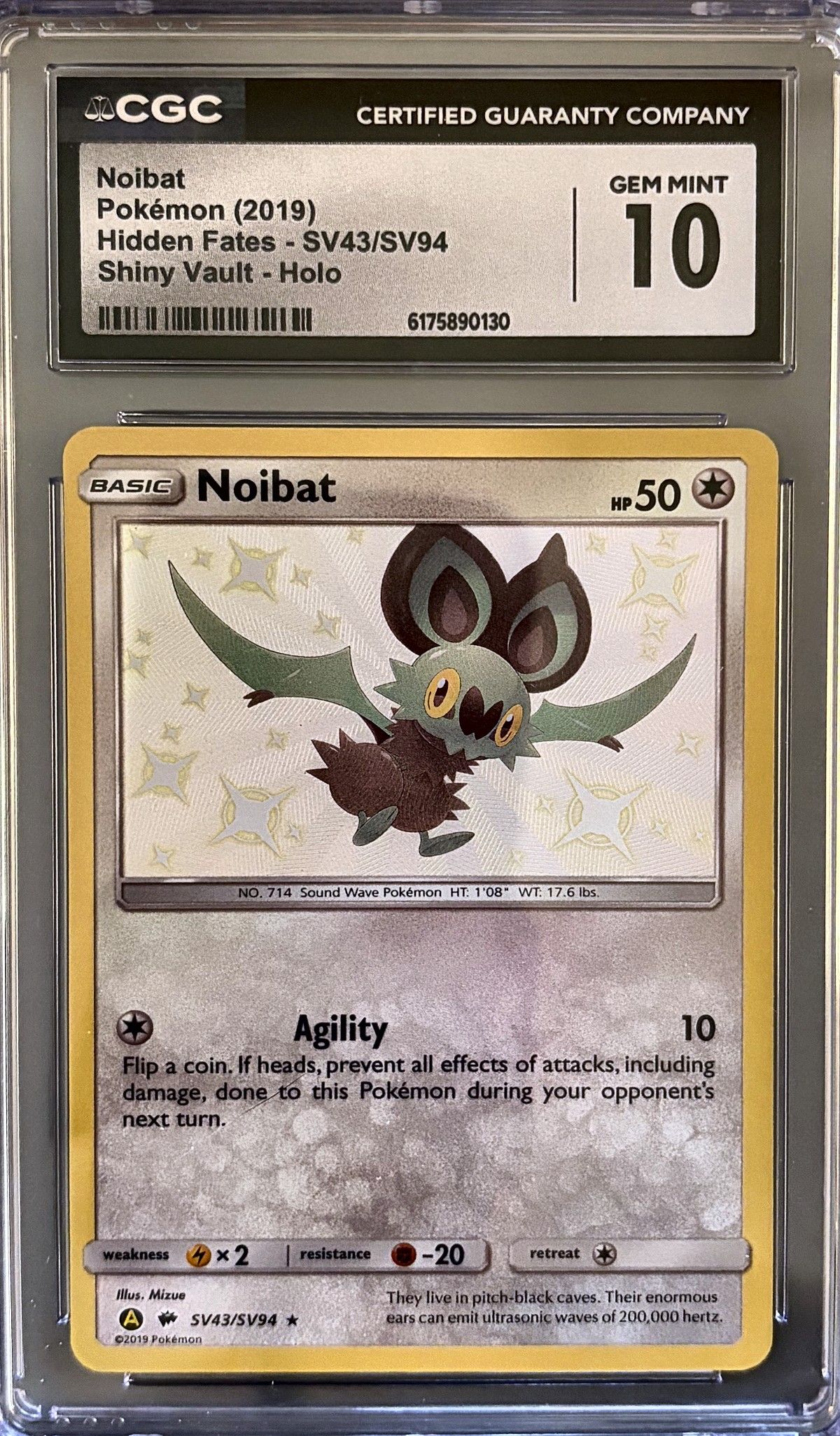 Noibat SV43/SV94 (2019 Pokémon English Hidden Fates) - CGC Gem Mint 10, front