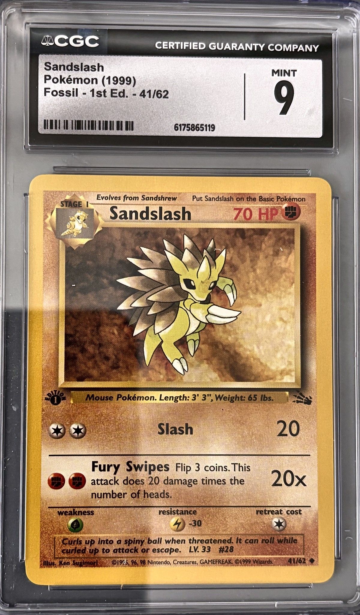 Sandslash 41/62 (1999 Pokémon English Fossil - 1st Ed.) - CGC Mint 9, front
