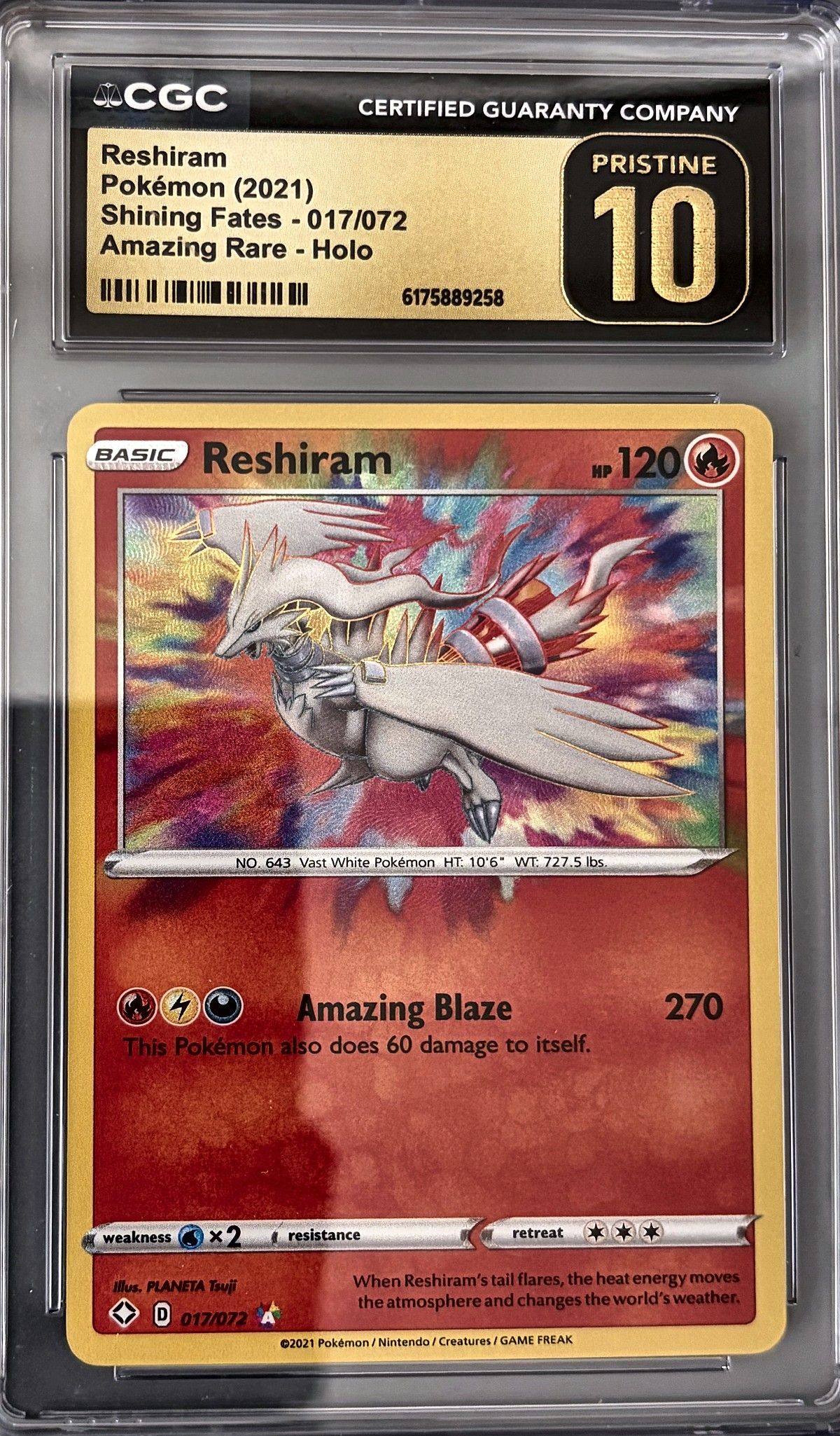 Reshiram 017/072 (2021 Pokémon English Shining Fates) - CGC Pristine 10, front