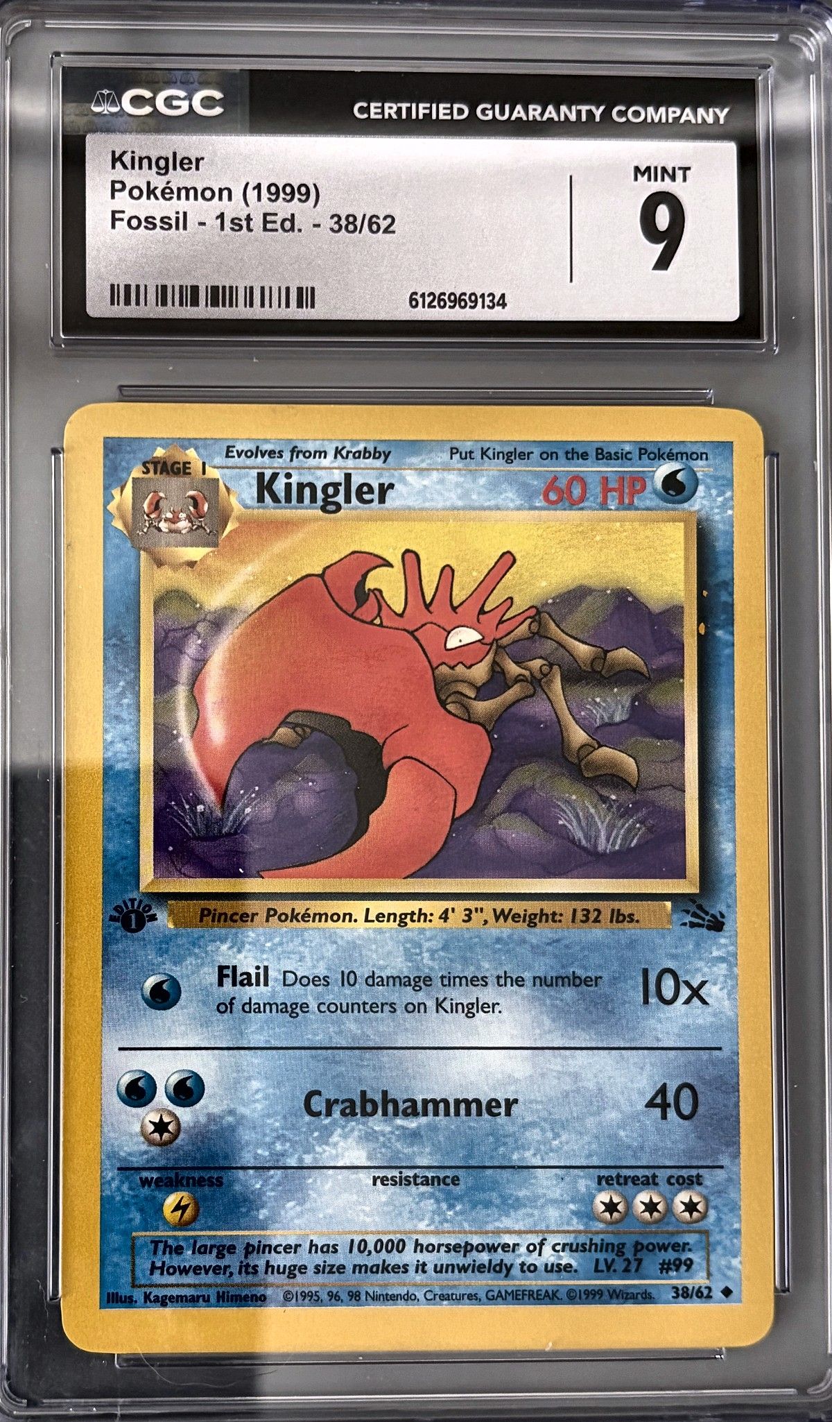 Kingler 38/62 (1999 Pokémon English Fossil - 1st Ed.) - CGC Mint 9, front