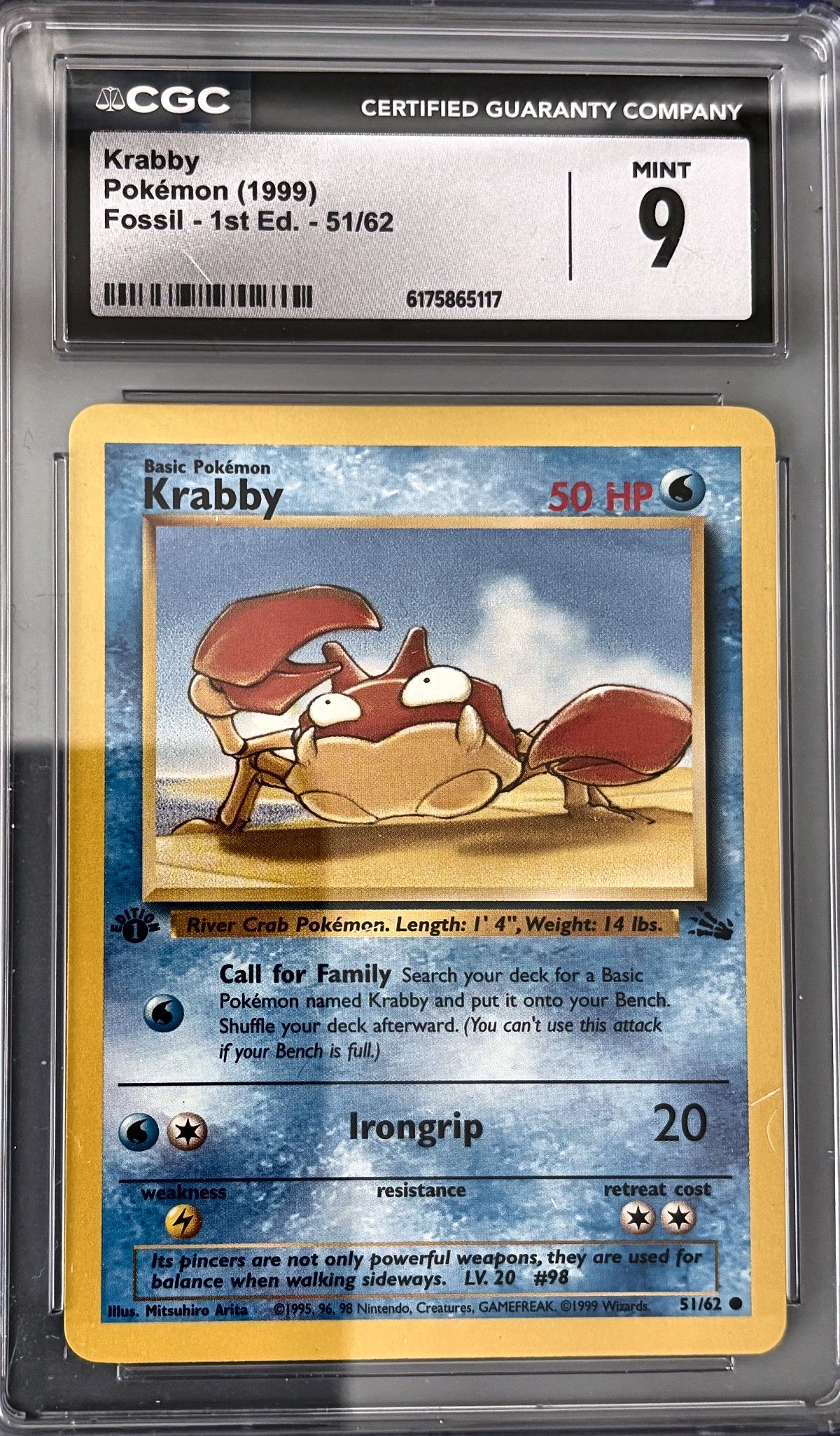 Krabby 51/62 (1999 Pokémon English Fossil - 1st Ed.) - CGC Mint 9, front