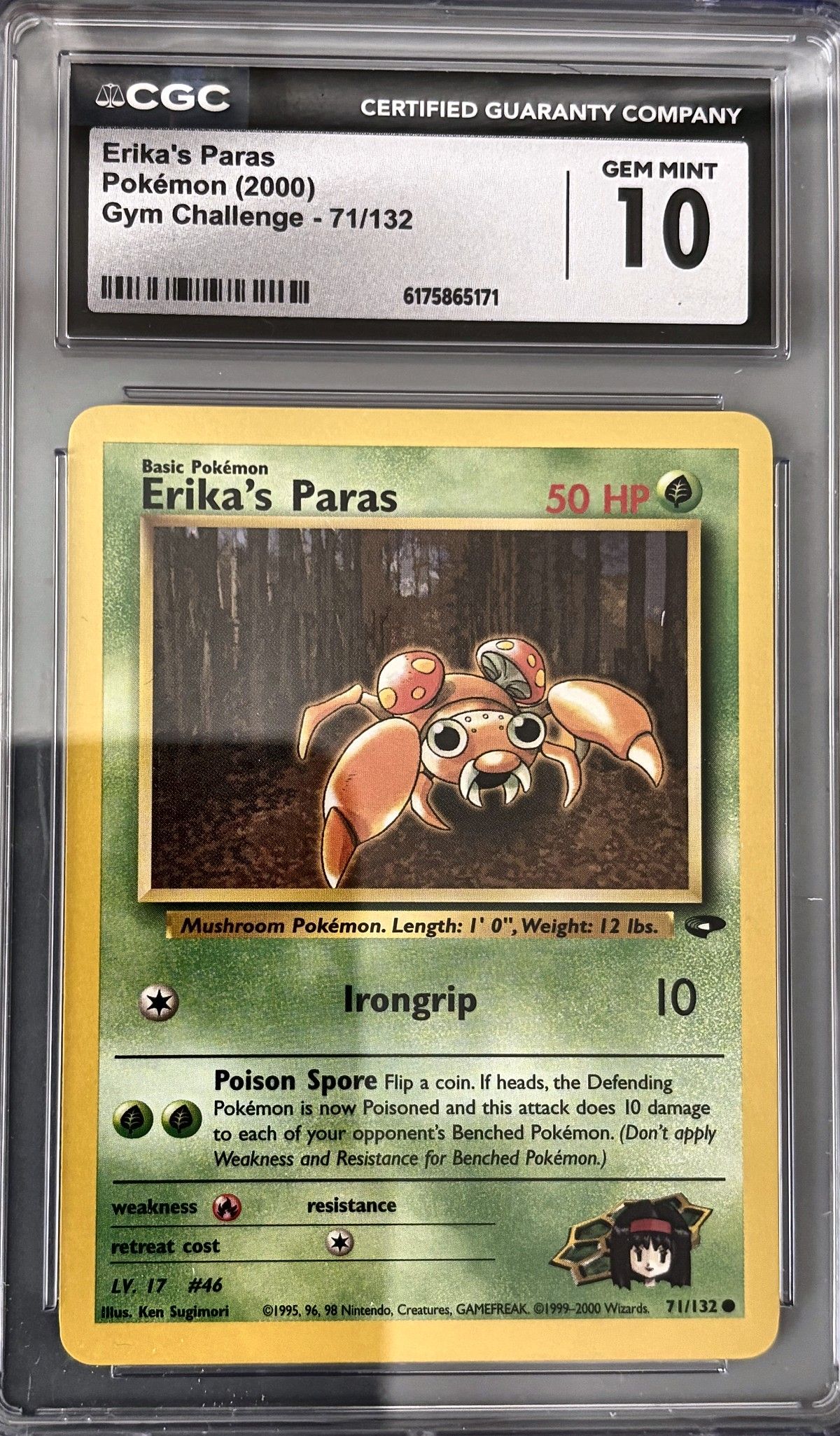 Erika's Paras 71/132 (2000 Pokémon English Gym Challenge) - CGC Gem Mint 10, front