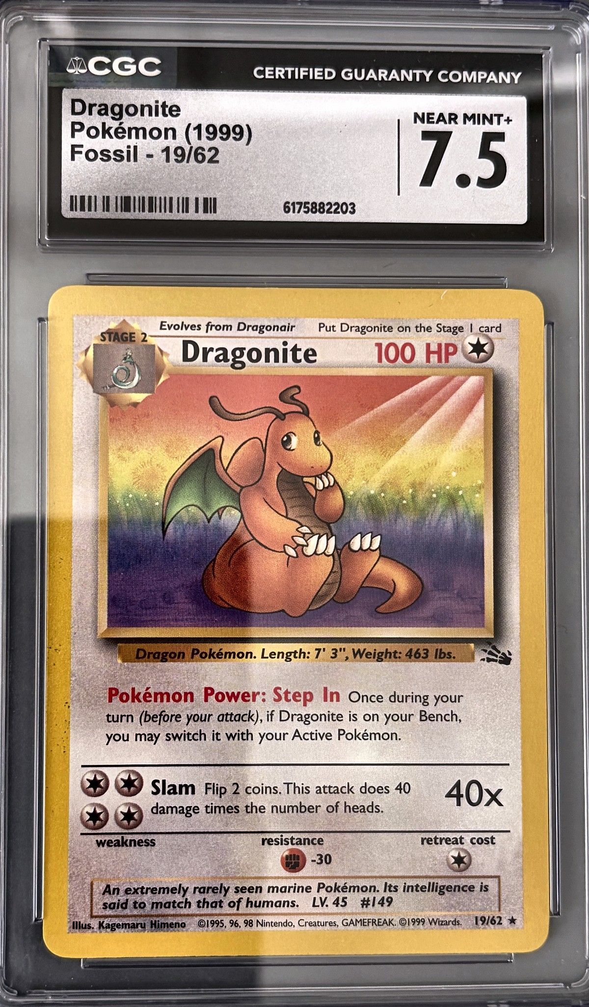 Dragonite 19/62 (1999 Pokémon English Fossil) - CGC Near Mint+ 7.5, front