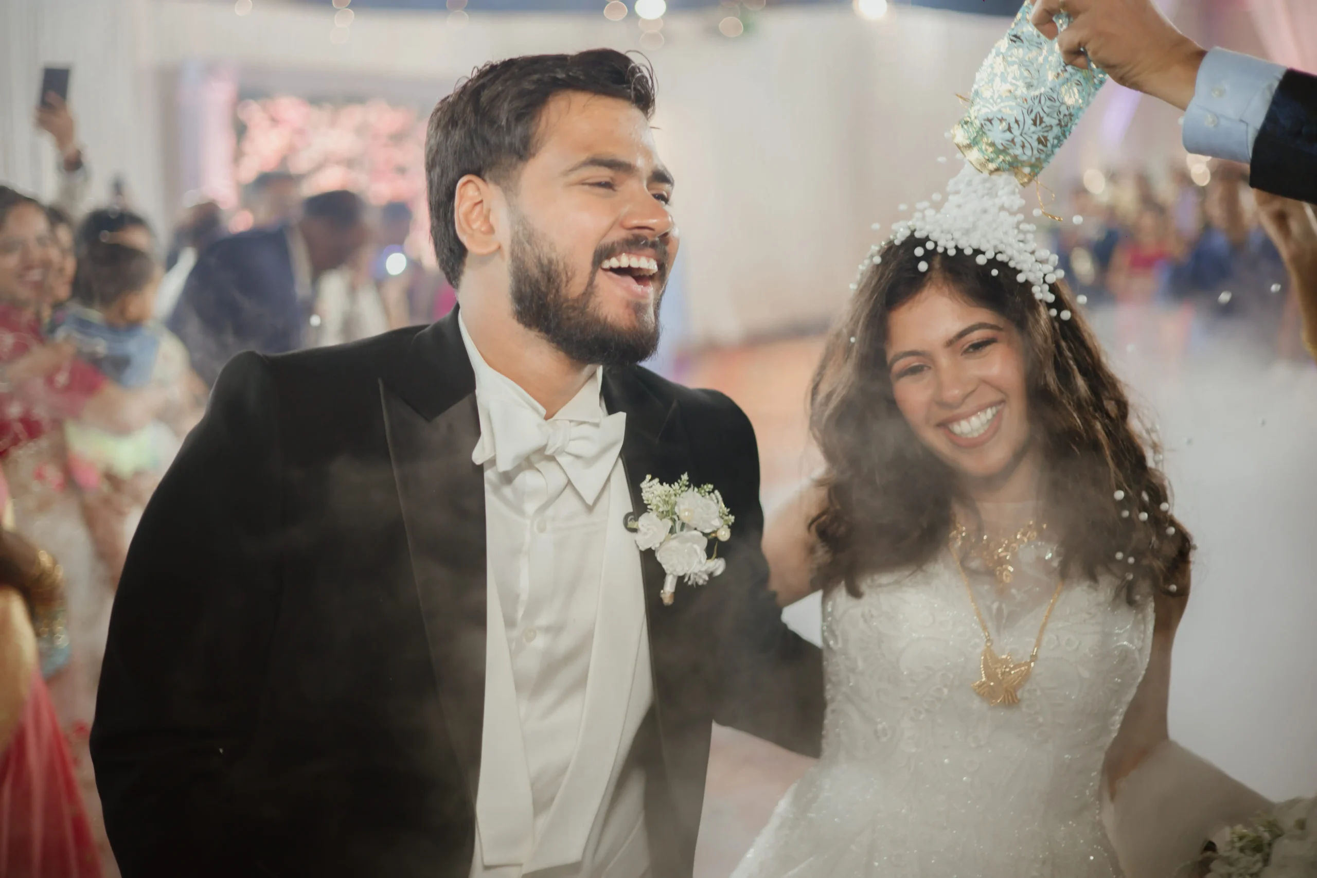 Wide wedding scene at golden hour