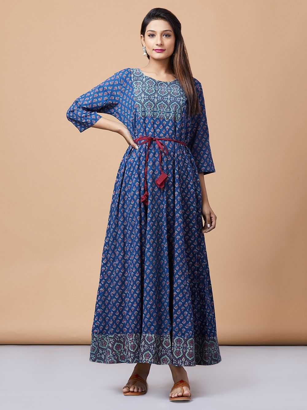 Buy Blue Red Cotton Ajrakh Printed Dress online at Theloom