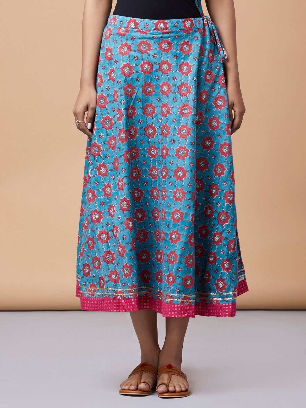 Buy Turquoise Pink Cotton Hand Block Printed Skirt online at Theloom