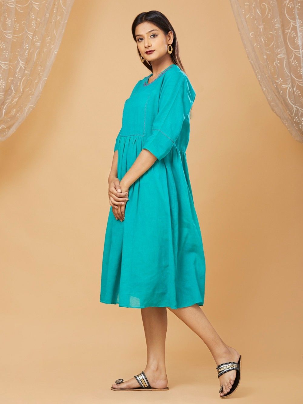 Buy Blue Cotton Mulmul Gathered Dress online at Theloom