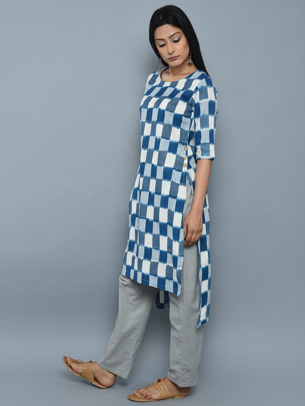 Buy Blue Cotton Side Button Ikat Kurta Online At Theloom