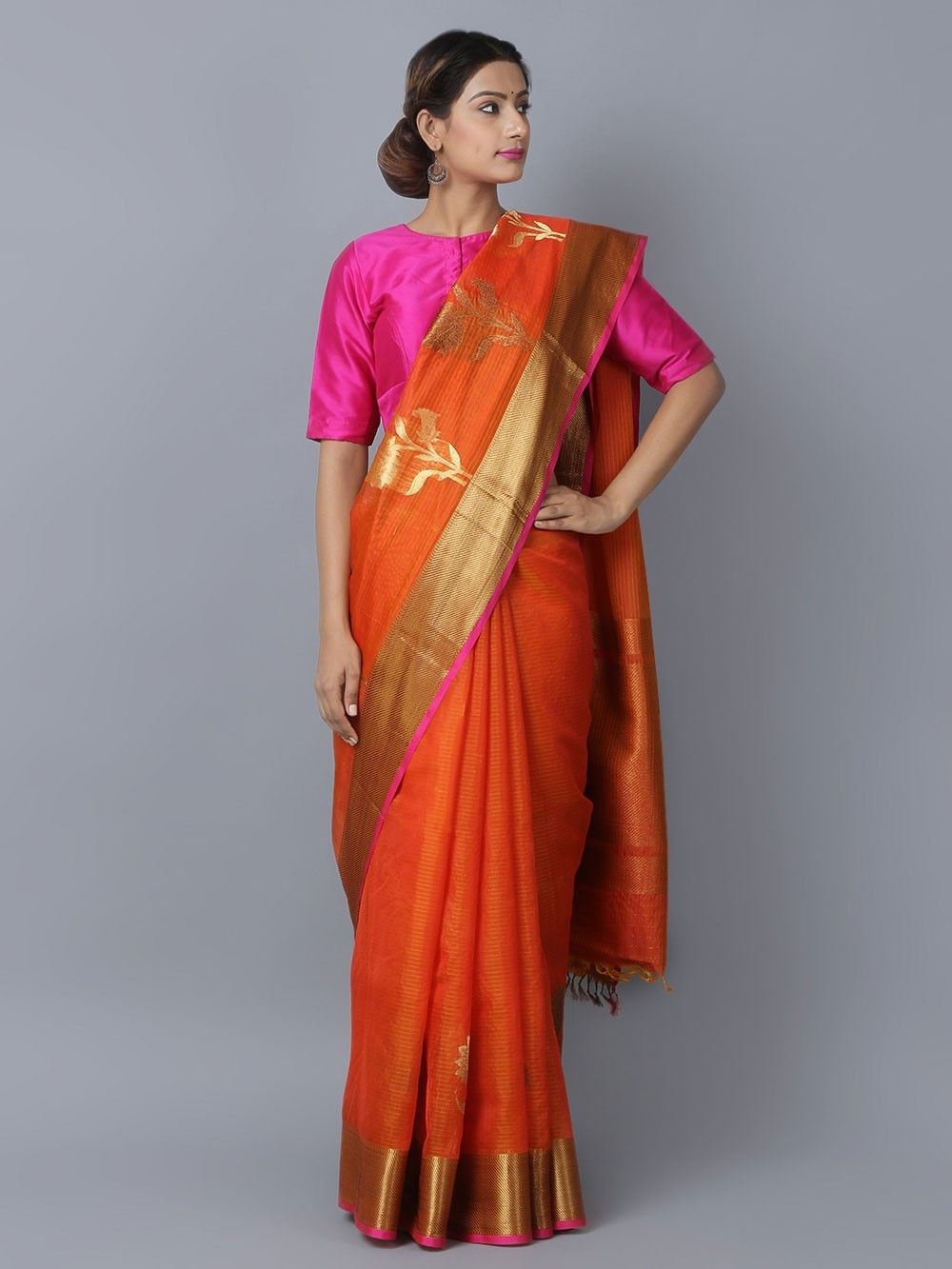 Buy Orange Cotton Silk Handwoven Banarasi Saree online at Theloom