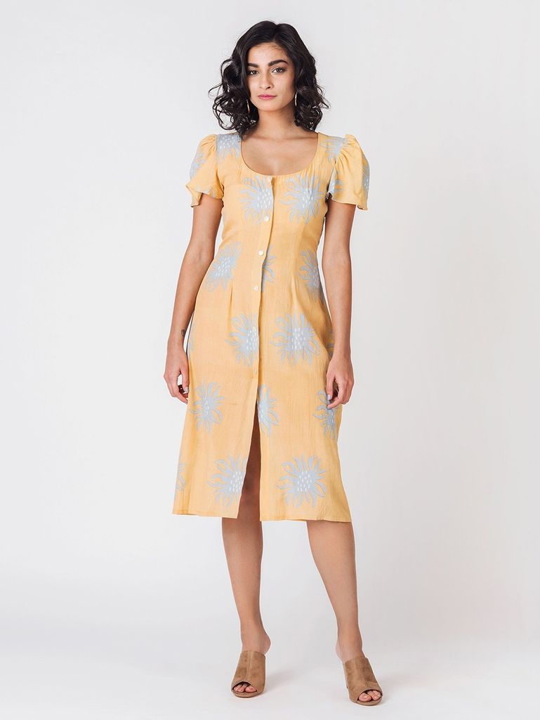 Buy Yellow Modal Cotton Sand Anemone Vintage Dress online at Theloom