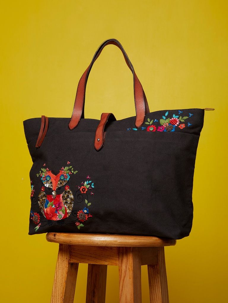 Buy Dark Brown Hand Embroidered Canvas Tote Bag online at Theloom