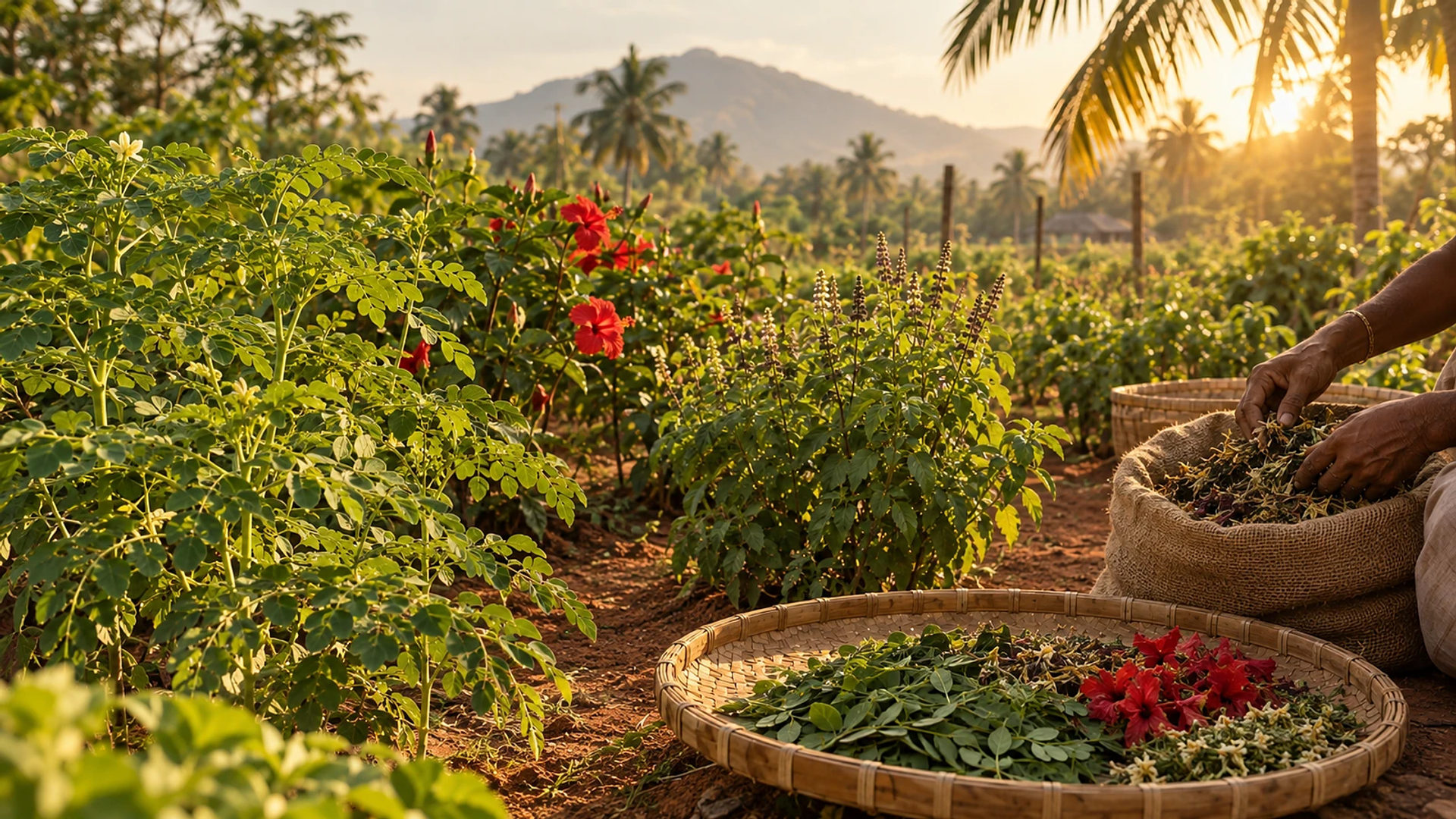 Rows of moringa, hibiscus and tulasi growing in red earth near Madurai at sunrise, with freshly harvested botanicals drying in a woven bamboo tray.