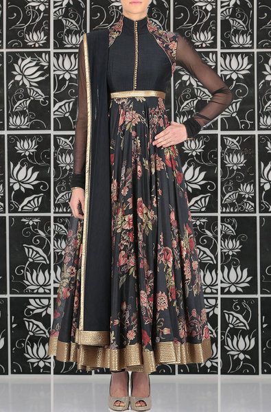 Black Floral Print Anarkali Suit Rohit Bal