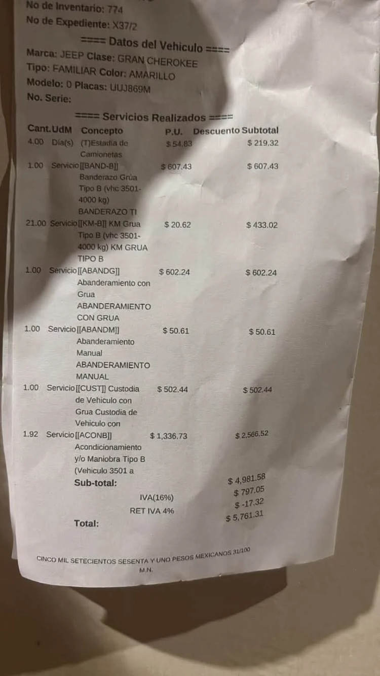 Vehicle service receipt showing repairs and maintenance performed on a yellow Jeep Grand Cherokee, with itemized charges totaling approximately 5,761 pesos Vehicle service receipt showing repairs and maintenance performed on a yellow Jeep Grand Cherokee, with itemized charges totaling approximately 5,761 pesos