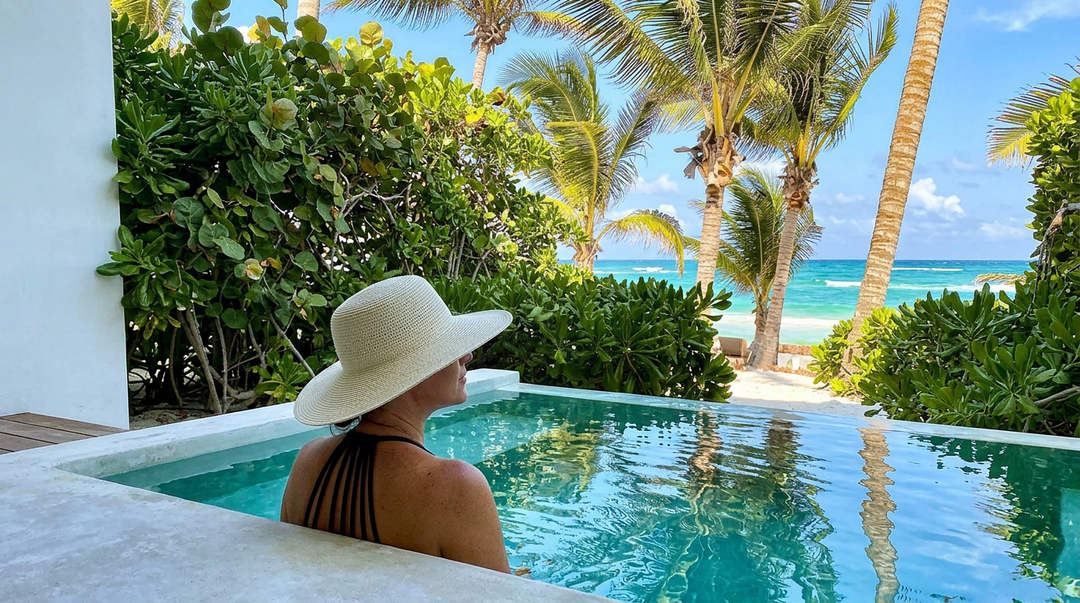 El cuarto de 600 dólares y las expectativas que trae consigo Person wearing a white hat sits in a pool overlooking a tropical beach with palm trees and ocean