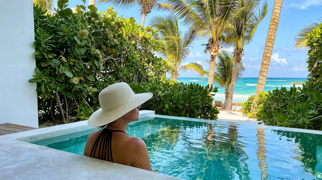 The $600 room and the expectation that comes with it Person wearing a white hat sits in a pool overlooking a tropical beach with palm trees and ocean