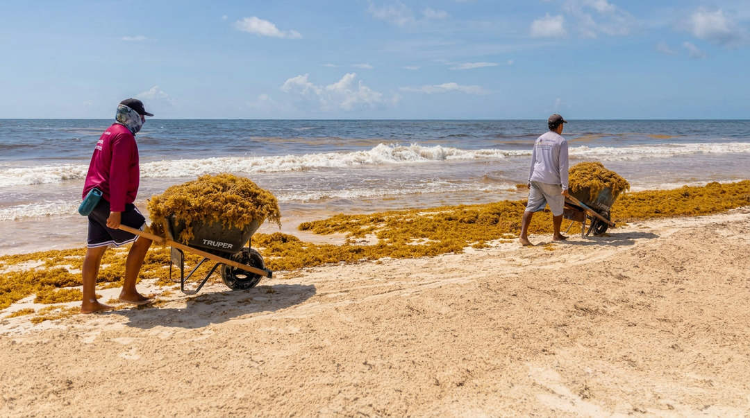 How long will sargassum last in Tulum this year? Two people use wheelbarrows to collect seaweed from a beach littered with brown sargassum as waves roll in