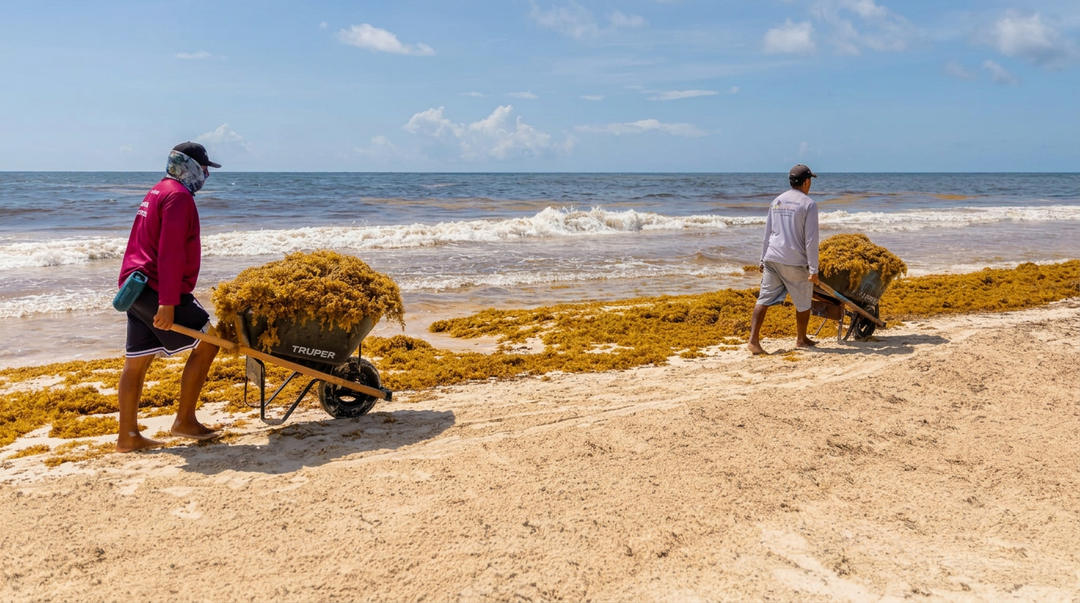 Two people use wheelbarrows to collect seaweed from a beach littered with brown sargassum as waves roll in