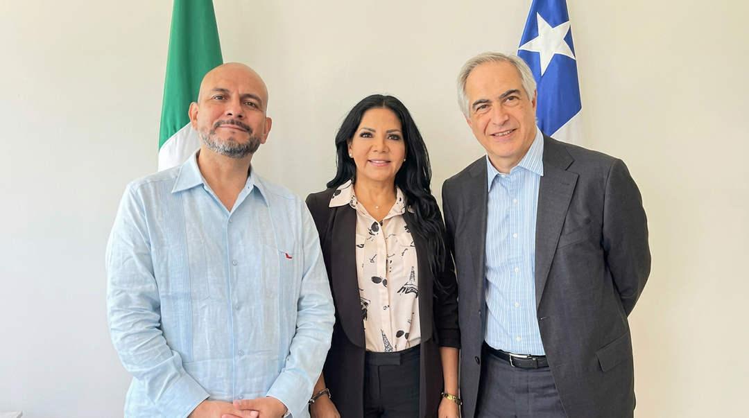 Three people stand together in front of a green flag and a blue flag with a white star, posing for a formal photograph