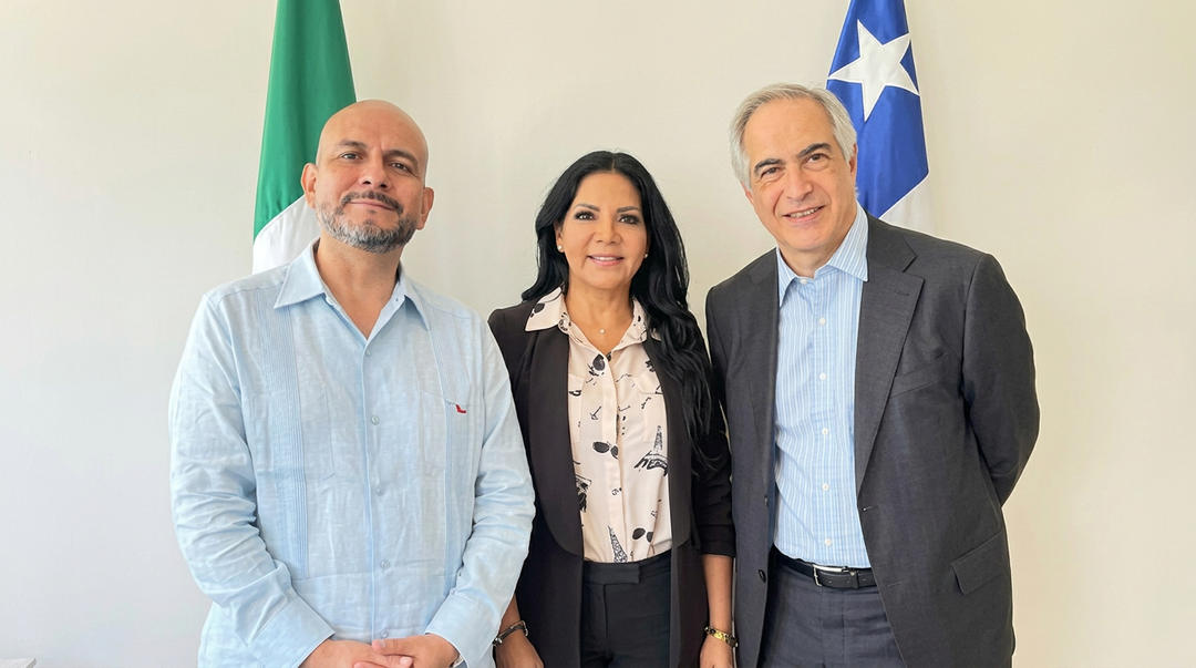 Three people stand together in front of a green flag and a blue flag with a white star, posing for a formal photograph