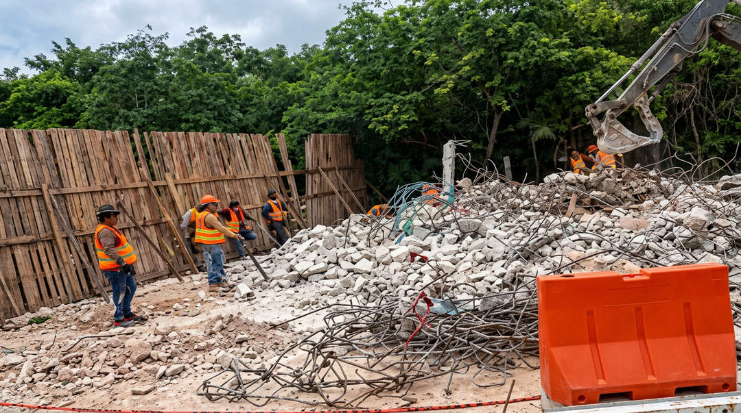 Se gastaron 2 mil 700 millones de pesos en ese muro en Tulum. Aún no hay costo definido para retirarlo Workers in orange safety vests oversee a demolition site with piles of concrete rubble and excavation equipment among trees