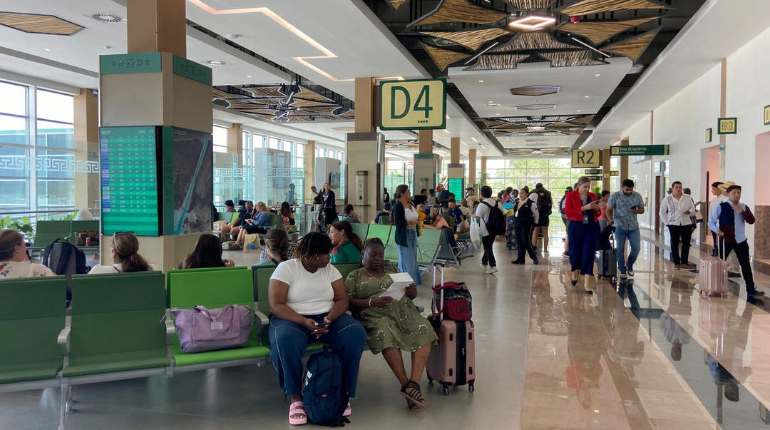 Passengers wait and move through a busy airport terminal with green seating areas and directional signage overhead